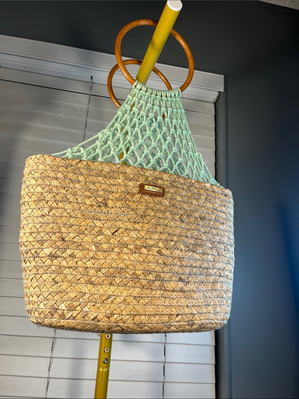 Natural Straw Satchel with Mint Crochet and Wooden Handles